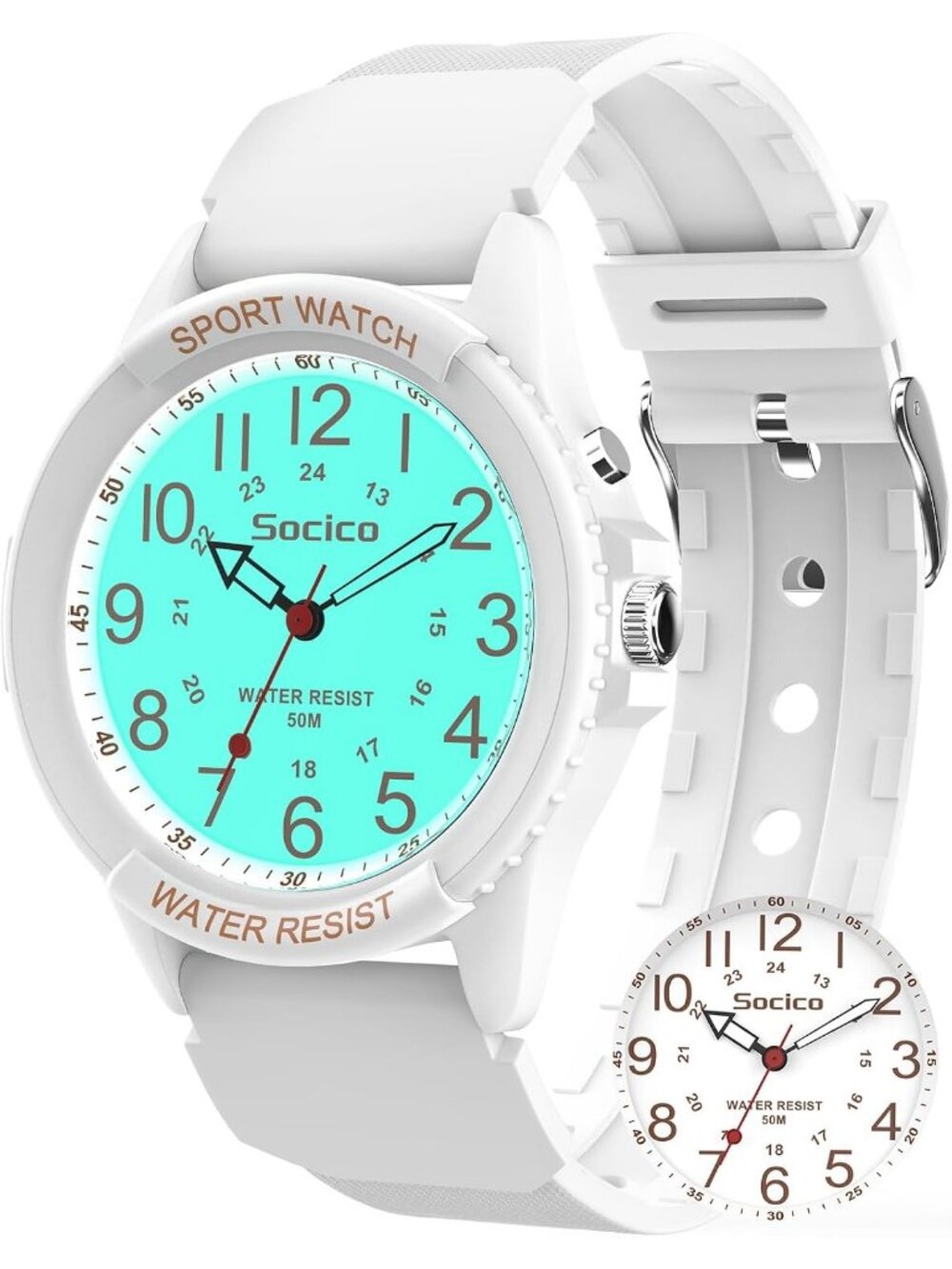 Women's White Waterproof Night Light 12/24H Soft Band Easy to Read Wrist Watch